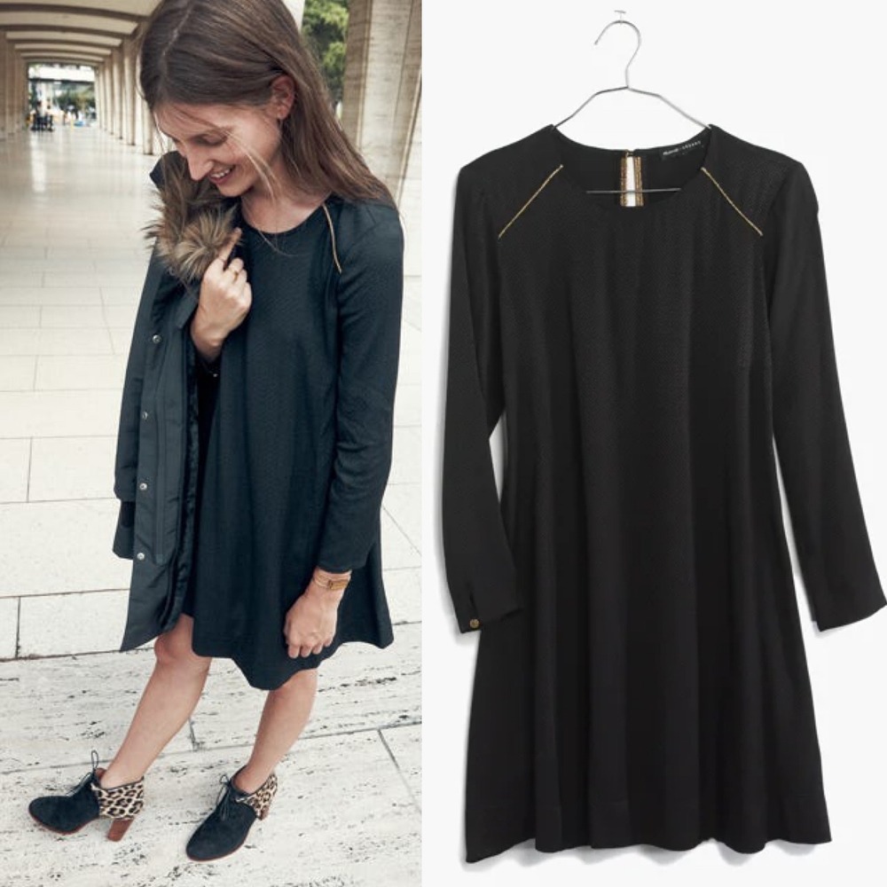 Sezane Madewell Thelma Dress Black Long Sleeves Flare Shift Minimalist Size 0